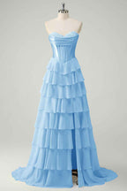 Yellow Princess Sweetheart Chiffon Long Corset Prom Dress With Tiered Ruffles