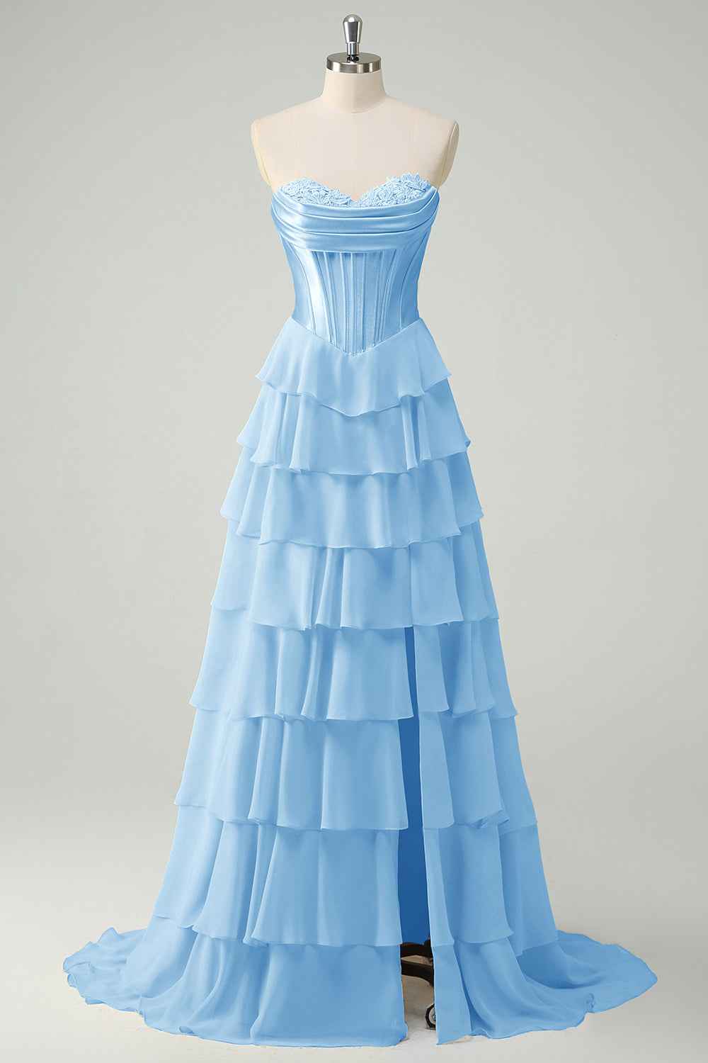 Yellow Princess Sweetheart Chiffon Long Corset Prom Dress With Tiered Ruffles