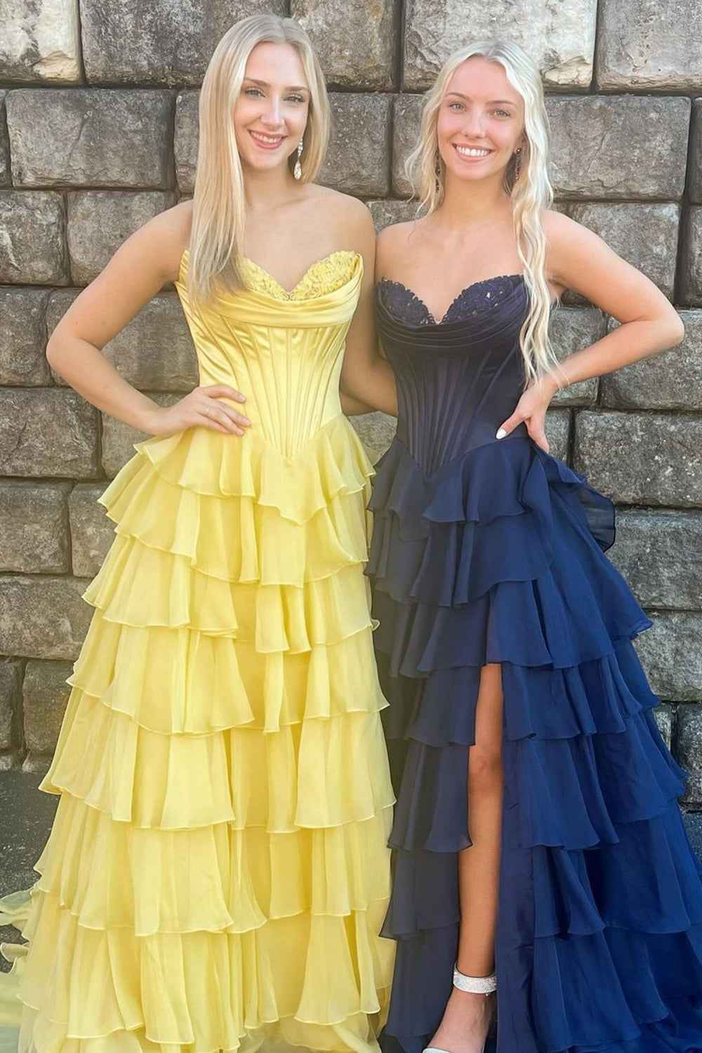 Blue Sweetheart Ruffled Long Corset Prom Dress With Slit