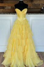 Yellow Princess Sweetheart Chiffon Long Corset Prom Dress With Tiered Ruffles