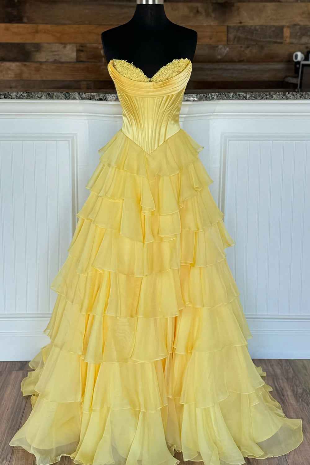Yellow Princess Sweetheart Chiffon Long Corset Prom Dress With Tiered Ruffles