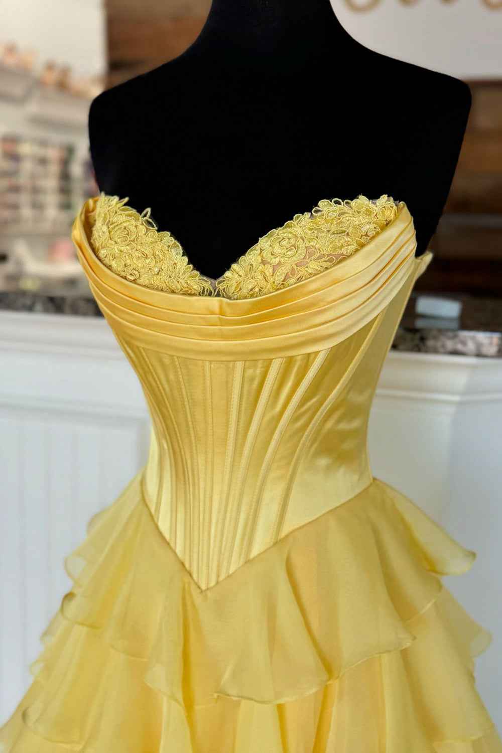 Yellow Princess Sweetheart Chiffon Long Corset Prom Dress With Tiered Ruffles