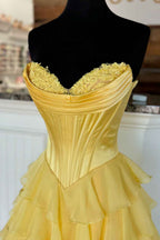 Yellow Princess Sweetheart Chiffon Long Corset Prom Dress With Tiered Ruffles