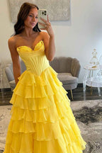 Blue Sweetheart Ruffled Long Corset Prom Dress With Slit