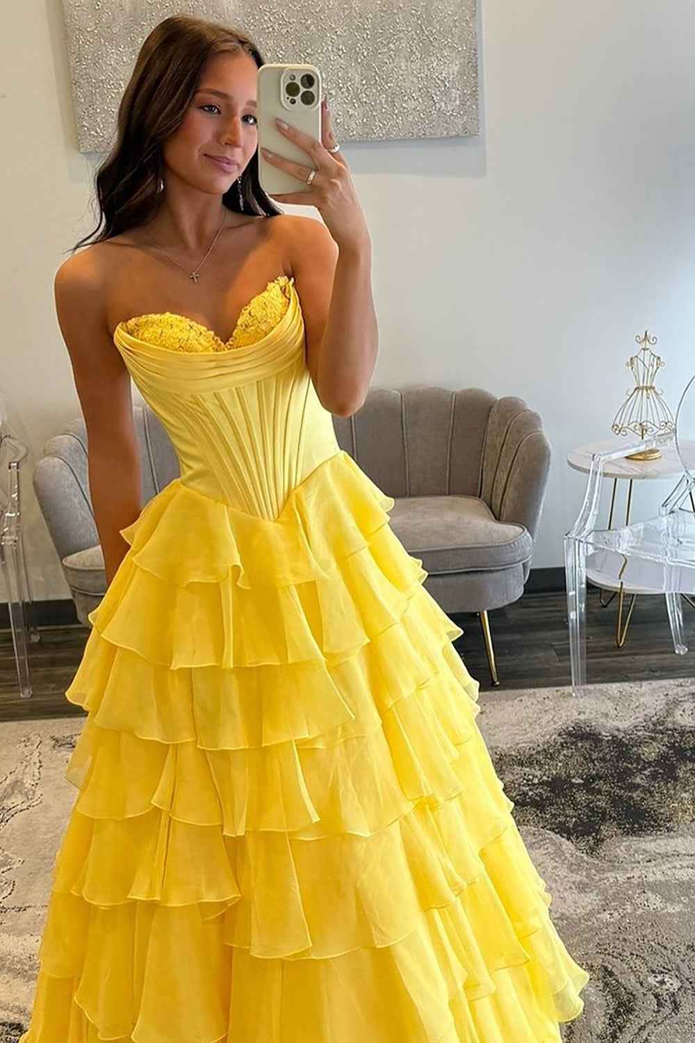 Yellow Princess Sweetheart Chiffon Long Corset Prom Dress With Tiered Ruffles