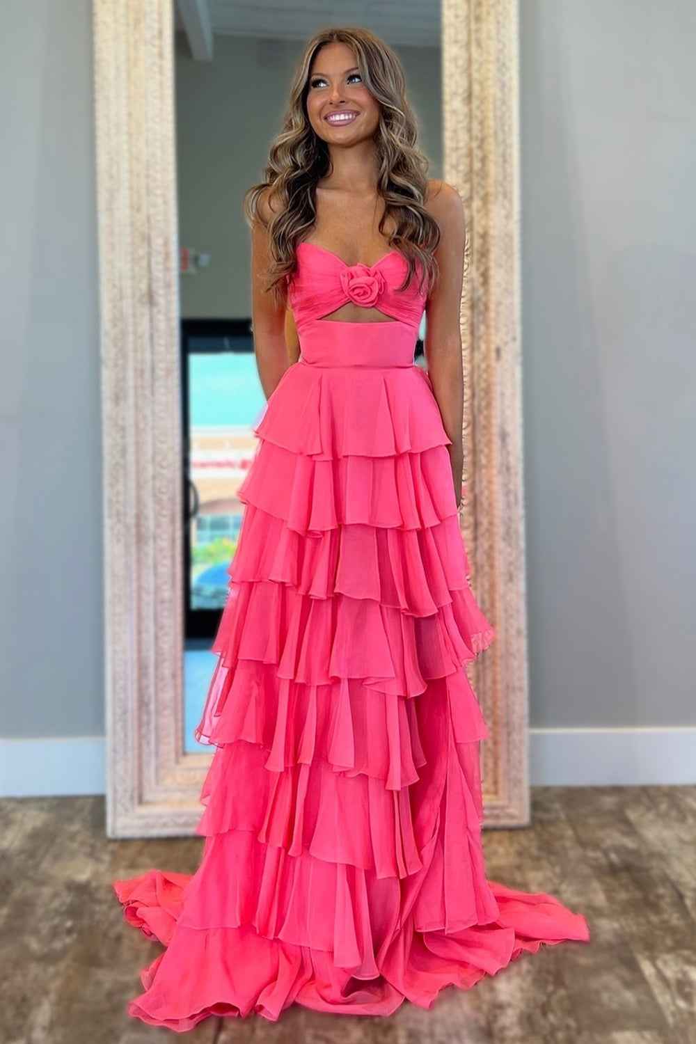 Black Sweetheart Chiffon A Line Tiered Long Prom Dress With Slit