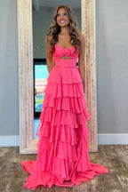 Royal Blue Sweetheart Chiffon A Line Prom Dress With Tiered Slit