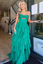 Black Sweetheart Chiffon A Line Tiered Long Prom Dress With Slit