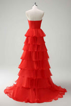 Black Sweetheart Chiffon A Line Tiered Long Prom Dress With Slit