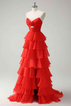 Royal Blue Sweetheart Chiffon A Line Prom Dress With Tiered Slit