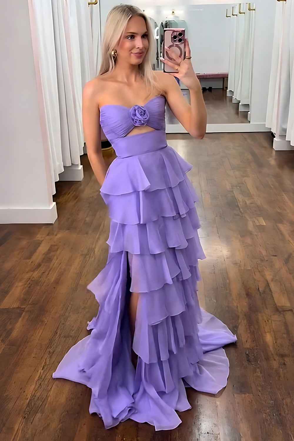 Black Sweetheart Chiffon A Line Tiered Long Prom Dress With Slit