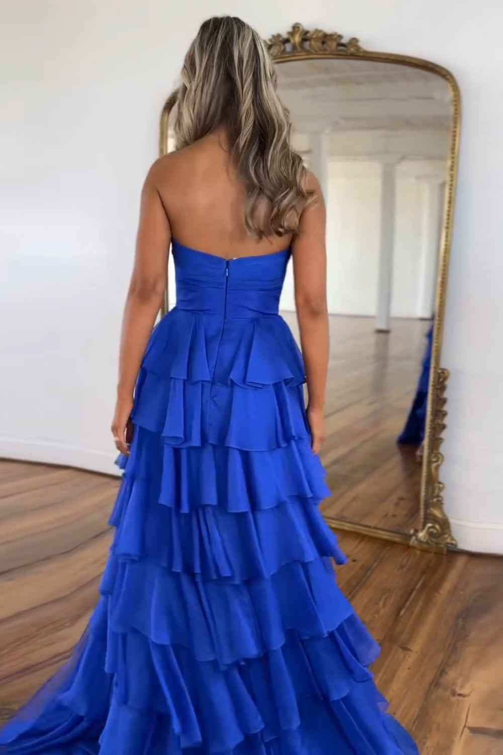 Royal Blue Sweetheart Chiffon A Line Prom Dress With Tiered Slit