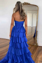Royal Blue Sweetheart Chiffon A Line Prom Dress With Tiered Slit