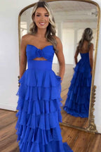Royal Blue Sweetheart Chiffon A Line Prom Dress With Tiered Slit
