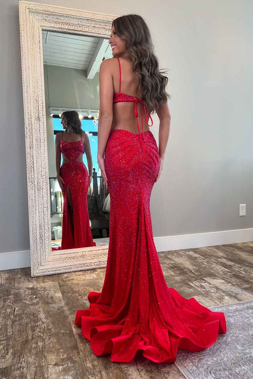 Sparkly Red Spaghetti Straps Cut-out Mermaid Long Prom Dress with Beading