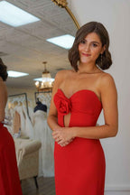 Simple Red Sweetheart Mermaid Satin Long Prom Dress with 3D Flower