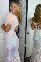 Glitter Royal Blue Mermaid Off the Shoulder Sequins Long Prom Dress with Feather
