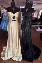 Sparkly Navy Satin Sweetheart Mermaid Prom Dress With Cut Out Beaded Details
