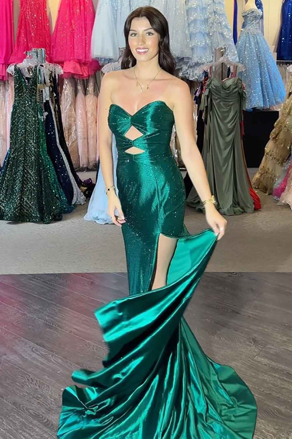 Glitter Yellow Satin Mermaid Cutout Prom Dress With Beading Sweetheart Neckline