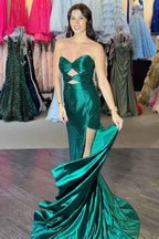 Sparkly Navy Satin Sweetheart Mermaid Prom Dress With Cut Out Beaded Details