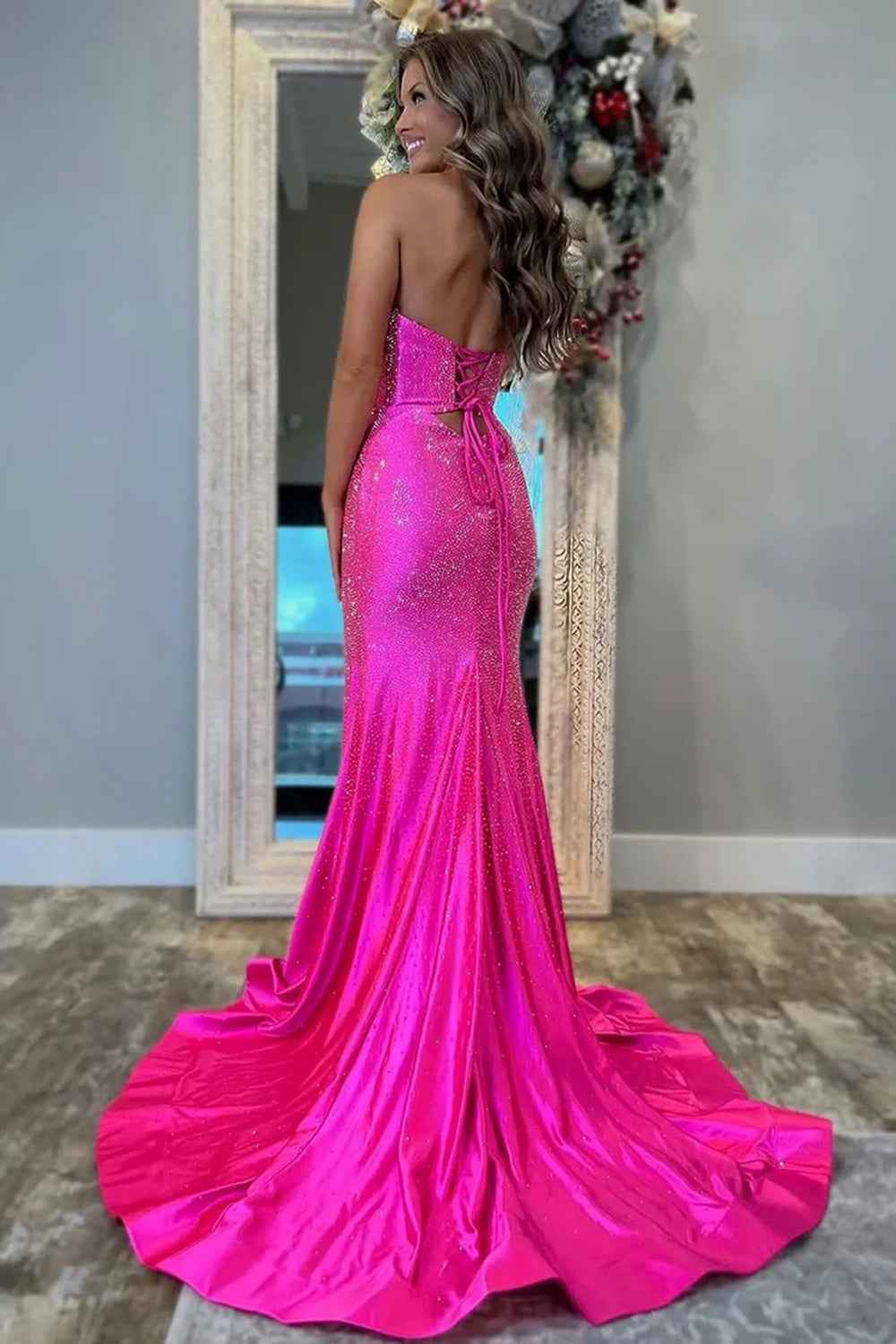 Glitter Yellow Satin Mermaid Cutout Prom Dress With Beading Sweetheart Neckline