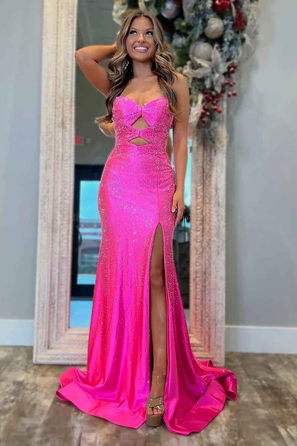 Sparkly Navy Satin Sweetheart Mermaid Prom Dress With Cut Out Beaded Details