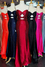 Glitter Yellow Satin Mermaid Cutout Prom Dress With Beading Sweetheart Neckline