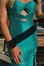 Sparkly Navy Satin Sweetheart Mermaid Prom Dress With Cut Out Beaded Details