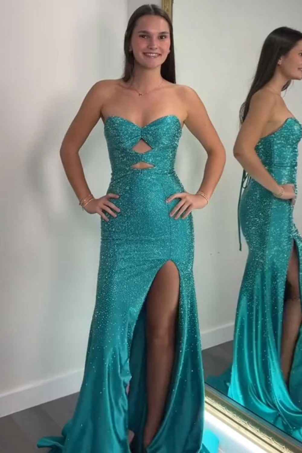 Sparkly Navy Satin Sweetheart Mermaid Prom Dress With Cut Out Beaded Details