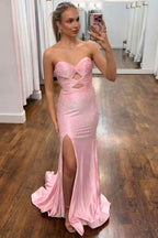 Sparkly Navy Satin Sweetheart Mermaid Prom Dress With Cut Out Beaded Details