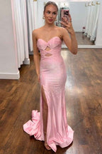 Sparkly Navy Satin Sweetheart Mermaid Prom Dress With Cut Out Beaded Details
