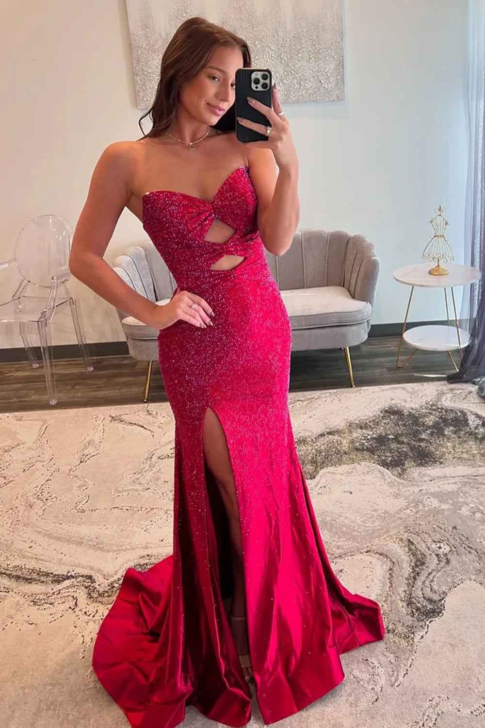 Sparkly Navy Satin Sweetheart Mermaid Prom Dress With Cut Out Beaded Details