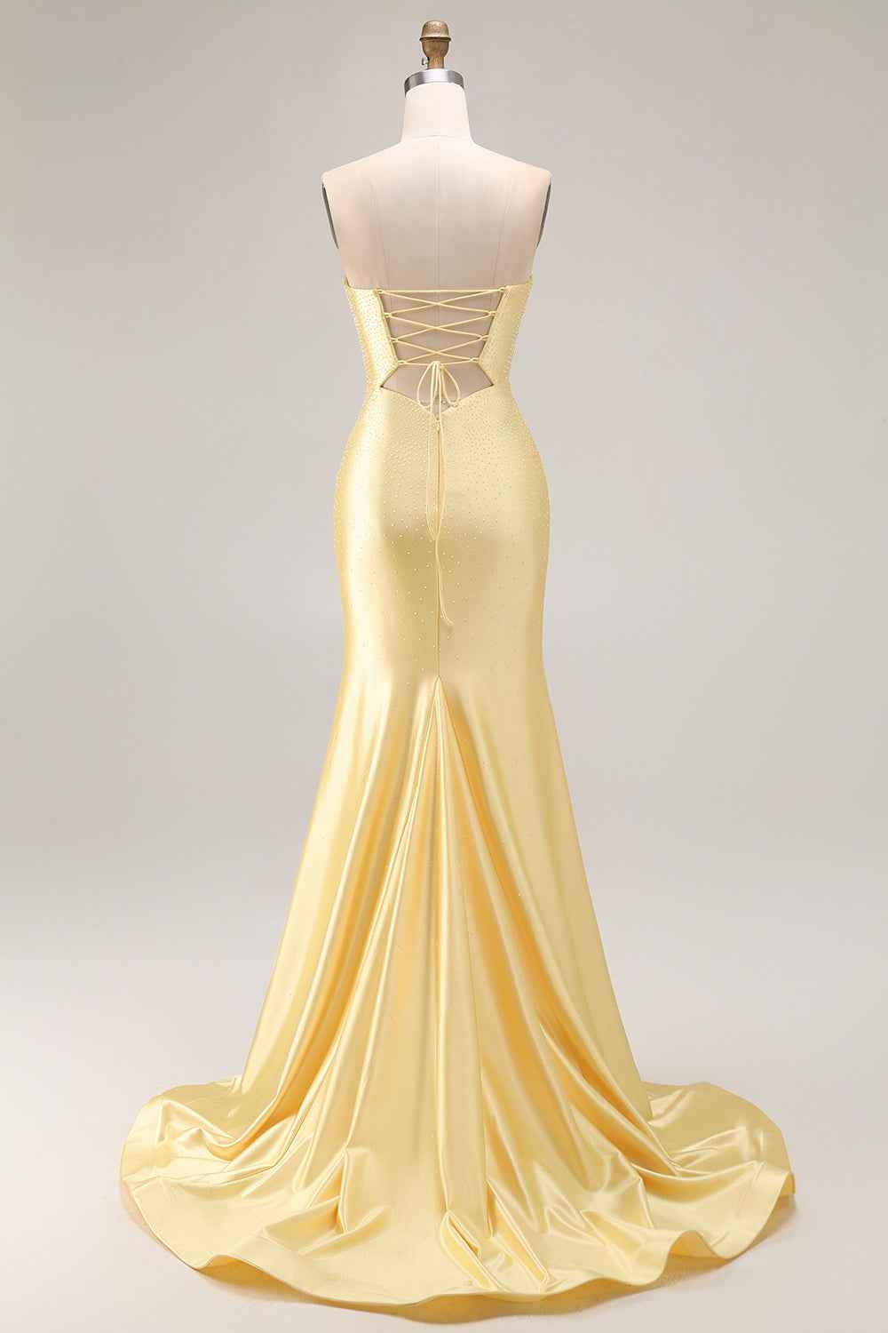 Glitter Yellow Satin Mermaid Cutout Prom Dress With Beading Sweetheart Neckline