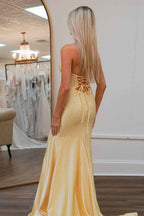 Glitter Yellow Satin Mermaid Cutout Prom Dress With Beading Sweetheart Neckline
