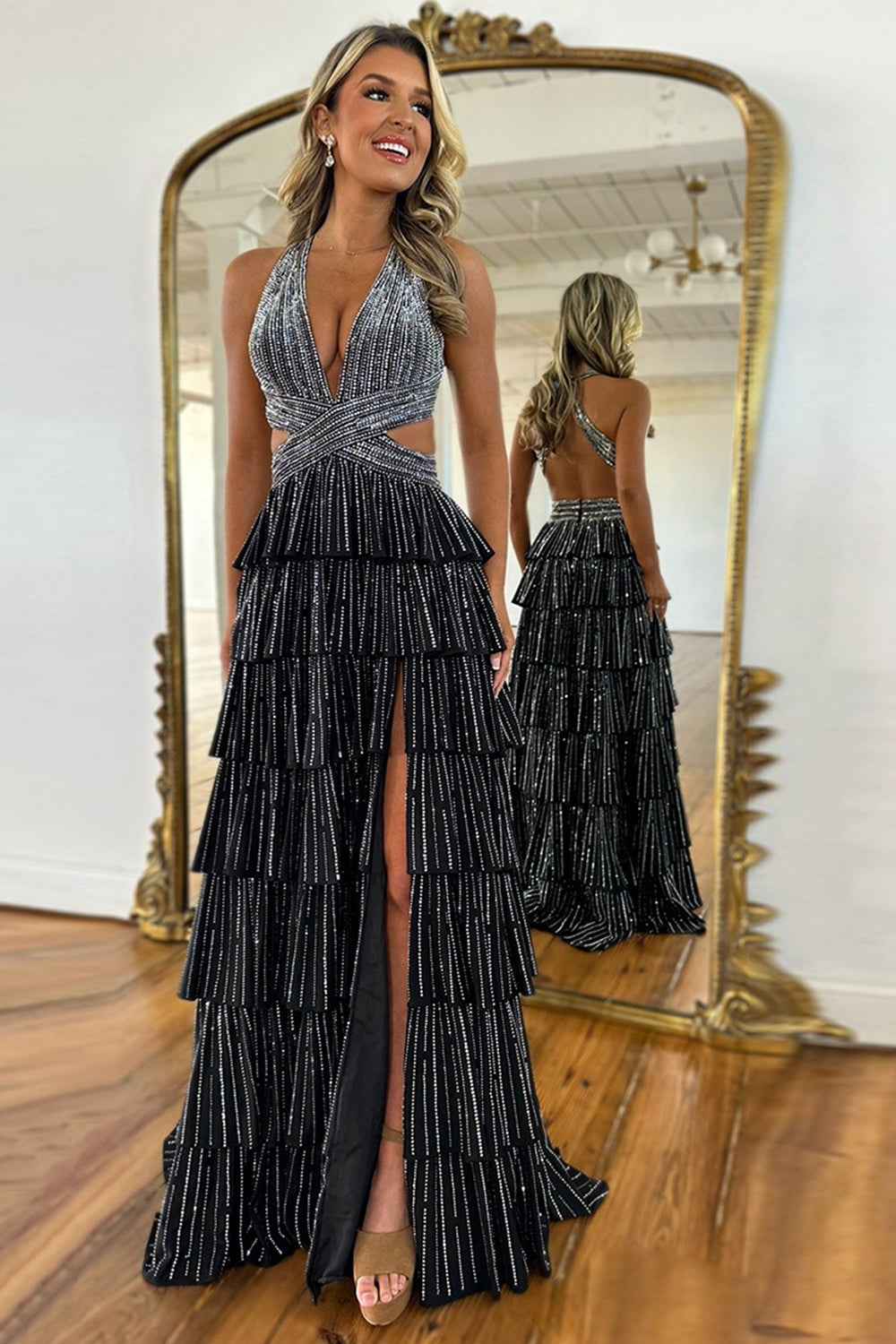 Grey Sequin A Line Tiered Corset Beaded Prom Dress With Plunging Halter Neckline And Slit