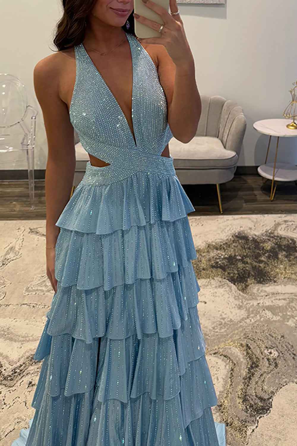 Grey Sequin A Line Tiered Corset Beaded Prom Dress With Plunging Halter Neckline And Slit