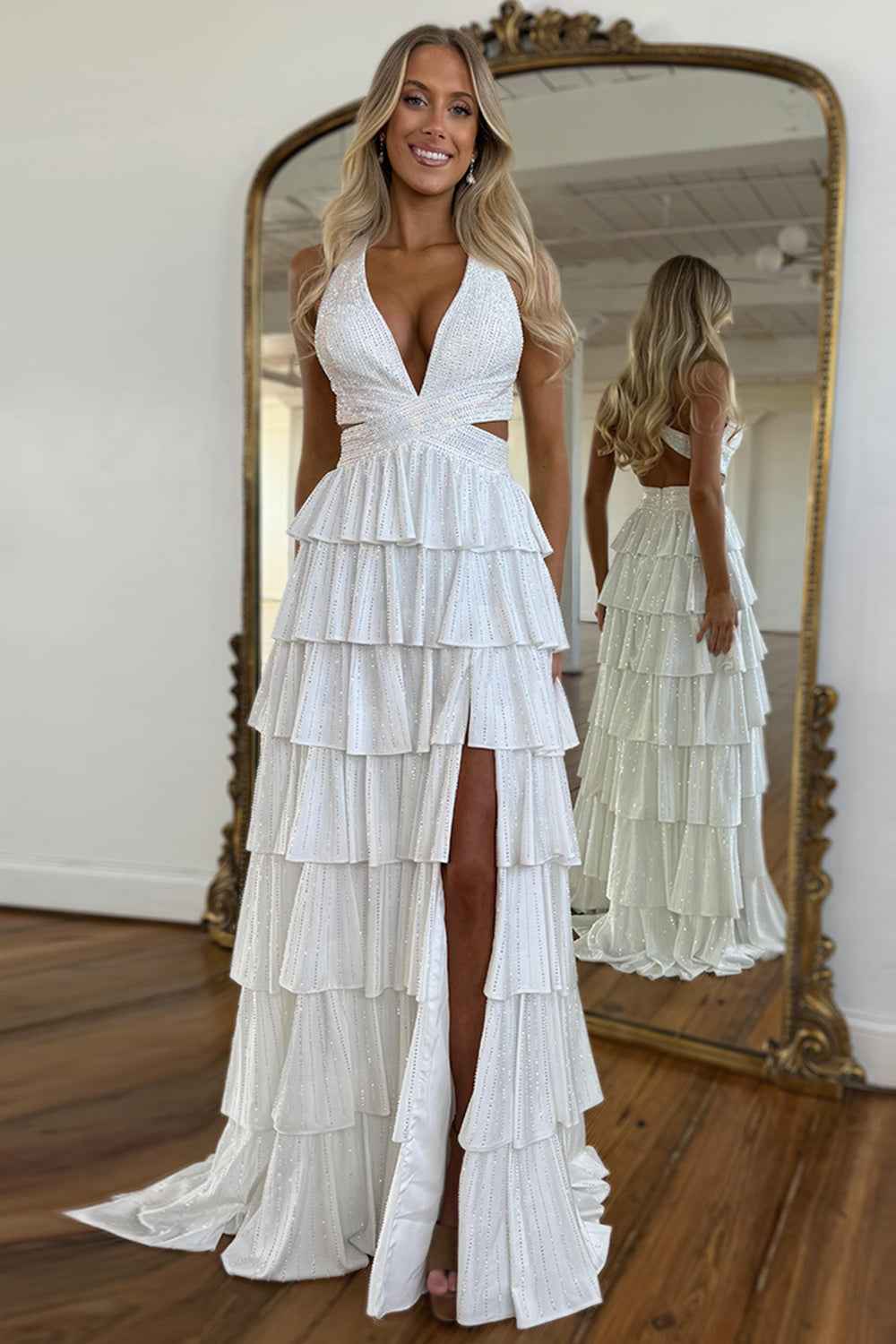 Grey Sequin A Line Tiered Corset Beaded Prom Dress With Plunging Halter Neckline And Slit