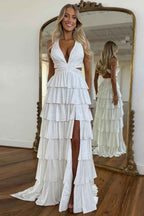 Grey Sequin A Line Tiered Corset Beaded Prom Dress With Plunging Halter Neckline And Slit
