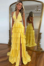 Grey Sequin A Line Tiered Corset Beaded Prom Dress With Plunging Halter Neckline And Slit