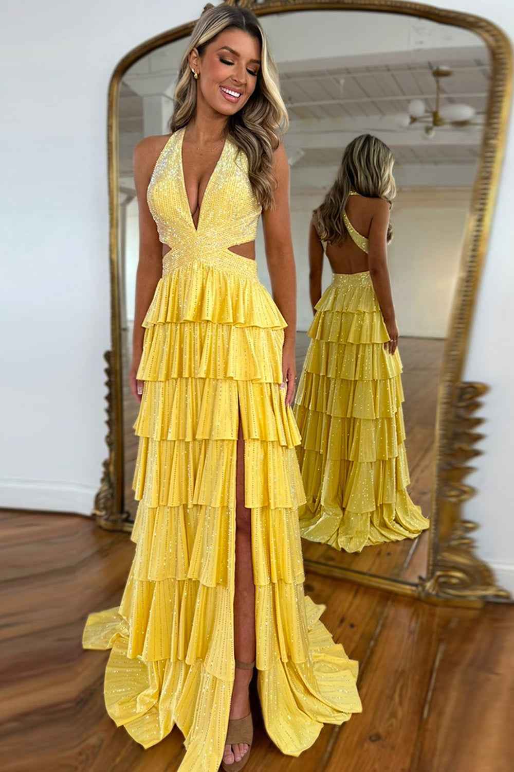 Grey Sequin A Line Tiered Corset Beaded Prom Dress With Plunging Halter Neckline And Slit