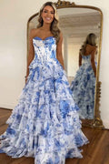 Blush Sweetheart A Line Chiffon Floral Ruffled Long Corset Prom Dress With Slit