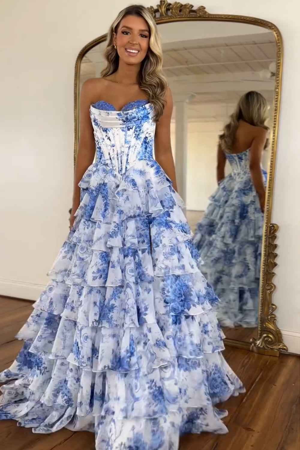 Blush Sweetheart A Line Chiffon Floral Ruffled Long Corset Prom Dress With Slit