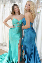 Sparkly Navy Satin Sweetheart Mermaid Prom Dress With Cut Out Beaded Details