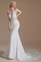 Charming Backless Long Mermaid Halter Satin Wedding Dresses With Lace Appliques