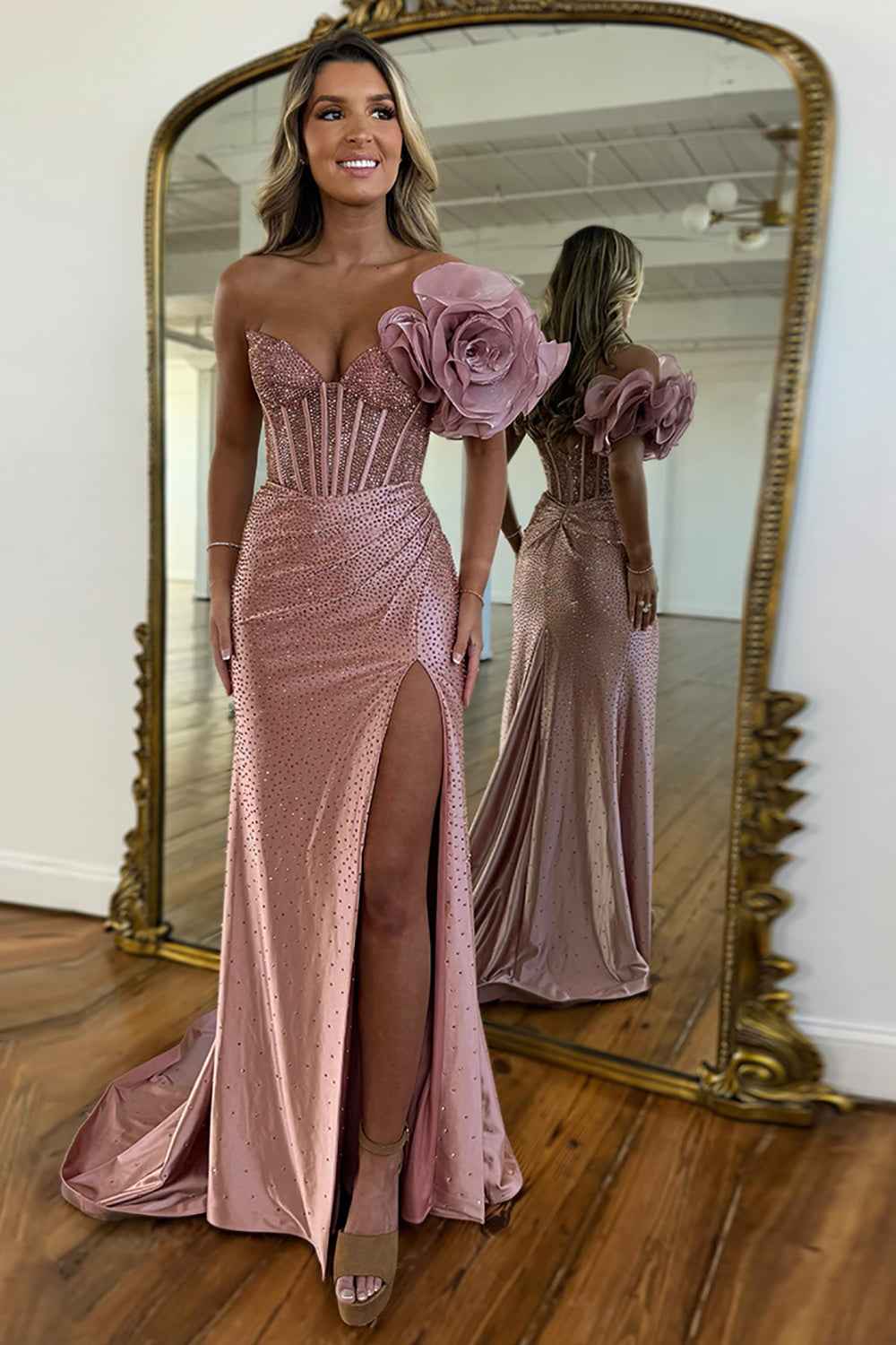 Navy Blue Mermaid Corset Prom Dress With Slit One Shoulder Beaded Long Evening Gown
