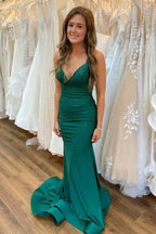 Red Polyester Spaghetti Strap Mermaid Long Prom Dress With Beading