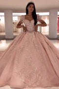 Robe de bal à manches bouffantes et encolure carrée avec appliqué pour Quinceañera, traîne incluse