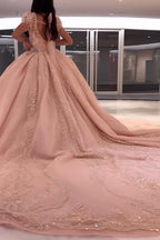 Robe de bal à manches bouffantes et encolure carrée avec appliqué pour Quinceañera, traîne incluse