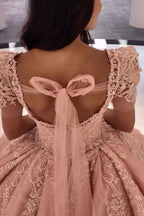 Robe de bal à manches bouffantes et encolure carrée avec appliqué pour Quinceañera, traîne incluse