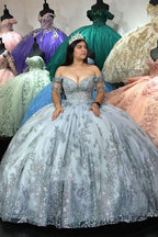 Robe de bal argentée étincelante à épaules dénudées avec appliques de paillettes et franges pour Quinceañera